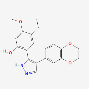 molecular formula C20H20N2O4 B2494846 2-(4-(2,3-dihydrobenzo[b][1,4]dioxin-6-yl)-1H-pyrazol-3-yl)-4-ethyl-5-methoxyphenol CAS No. 171009-12-4
