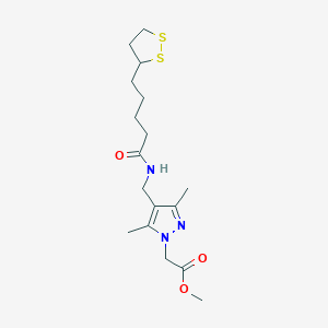 molecular formula C17H27N3O3S2 B2495060 methyl 2-(4-{[5-(1,2-dithiolan-3-yl)pentanamido]methyl}-3,5-dimethyl-1H-pyrazol-1-yl)acetate CAS No. 1445616-19-2