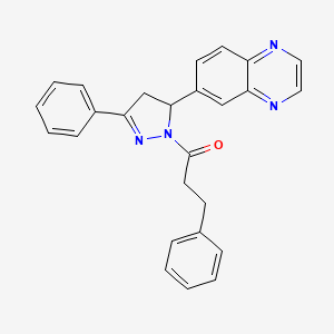 molecular formula C26H22N4O B2495085 3-phenyl-1-(3-phenyl-5-(quinoxalin-6-yl)-4,5-dihydro-1H-pyrazol-1-yl)propan-1-one CAS No. 946279-25-0