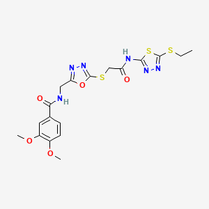 molecular formula C18H20N6O5S3 B2495103 N-((5-((2-((5-(ethylthio)-1,3,4-thiadiazol-2-yl)amino)-2-oxoethyl)thio)-1,3,4-oxadiazol-2-yl)methyl)-3,4-dimethoxybenzamide CAS No. 851862-73-2