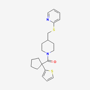molecular formula C21H26N2OS2 B2495119 (4-((Pyridin-2-ylthio)methyl)piperidin-1-yl)(1-(thiophen-2-yl)cyclopentyl)methanone CAS No. 1421499-27-5