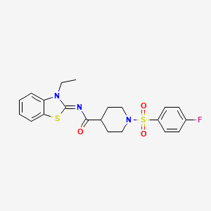 molecular formula C21H22FN3O3S2 B2495139 (E)-N-(3-ethylbenzo[d]thiazol-2(3H)-ylidene)-1-((4-fluorophenyl)sulfonyl)piperidine-4-carboxamide CAS No. 941893-00-1