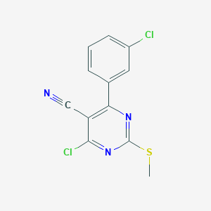 molecular formula C12H7Cl2N3S B2495199 2-(Methylthio)-4-chloro-6-(3-chlorophenyl)pyrimidine-5-carbonitrile CAS No. 128641-31-6