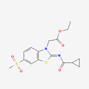 molecular formula C16H18N2O5S2 B2495214 (Z)-ethyl 2-(2-((cyclopropanecarbonyl)imino)-6-(methylsulfonyl)benzo[d]thiazol-3(2H)-yl)acetate CAS No. 865247-41-2