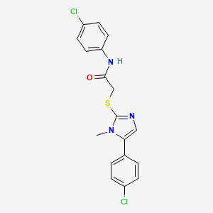 molecular formula C18H15Cl2N3OS B2495258 N-(4-chlorophenyl)-2-[5-(4-chlorophenyl)-1-methylimidazol-2-yl]sulfanylacetamide CAS No. 212074-66-3