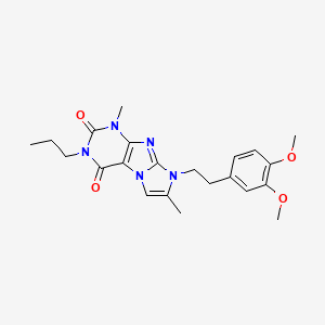 molecular formula C22H27N5O4 B2495276 8-(3,4-dimethoxyphenethyl)-1,7-dimethyl-3-propyl-1H-imidazo[2,1-f]purine-2,4(3H,8H)-dione CAS No. 896840-09-8