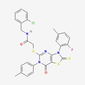 molecular formula C28H22ClFN4O2S3 B2495343 N-[(2-chlorophenyl)methyl]-2-{[3-(2-fluoro-5-methylphenyl)-6-(4-methylphenyl)-7-oxo-2-sulfanylidene-2H,3H,6H,7H-[1,3]thiazolo[4,5-d]pyrimidin-5-yl]sulfanyl}acetamide CAS No. 422305-99-5