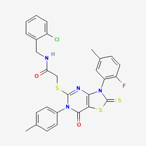 molecular formula C28H22ClFN4O2S3 B2495343 N-[(2-chlorophenyl)methyl]-2-[[3-(2-fluoro-5-methylphenyl)-6-(4-methylphenyl)-7-oxo-2-sulfanylidene-[1,3]thiazolo[4,5-d]pyrimidin-5-yl]sulfanyl]acetamide CAS No. 422305-99-5