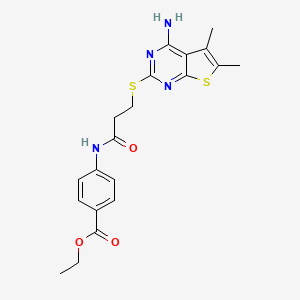 molecular formula C20H22N4O3S2 B2495357 Ethyl 4-(3-((4-amino-5,6-dimethylthieno[2,3-d]pyrimidin-2-yl)thio)propanamido)benzoate CAS No. 497082-09-4