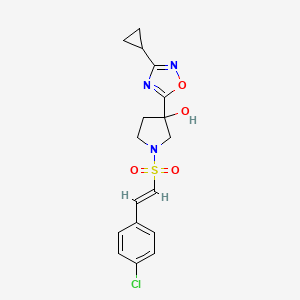 molecular formula C17H18ClN3O4S B2495448 1-[(E)-2-(4-Chlorophenyl)ethenyl]sulfonyl-3-(3-cyclopropyl-1,2,4-oxadiazol-5-yl)pyrrolidin-3-ol CAS No. 2111900-78-6
