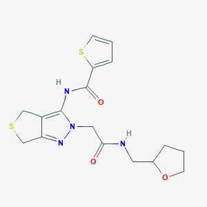 molecular formula C17H20N4O3S2 B2496064 N-(2-(2-oxo-2-(((tetrahydrofuran-2-yl)methyl)amino)ethyl)-4,6-dihydro-2H-thieno[3,4-c]pyrazol-3-yl)thiophene-2-carboxamide CAS No. 1105205-80-8
