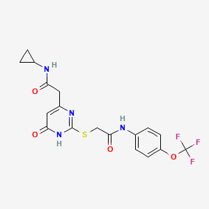molecular formula C18H17F3N4O4S B2496098 N-cyclopropyl-2-(6-oxo-2-((2-oxo-2-((4-(trifluoromethoxy)phenyl)amino)ethyl)thio)-1,6-dihydropyrimidin-4-yl)acetamide CAS No. 1105217-38-6