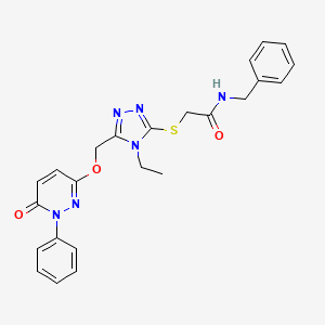 molecular formula C24H24N6O3S B2496281 N-benzyl-2-[(4-ethyl-5-{[(6-oxo-1-phenyl-1,6-dihydro-3-pyridazinyl)oxy]methyl}-4H-1,2,4-triazol-3-yl)sulfanyl]acetamide CAS No. 439112-33-1