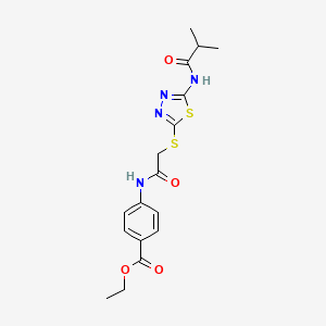 molecular formula C17H20N4O4S2 B2496398 Ethyl 4-(2-((5-isobutyramido-1,3,4-thiadiazol-2-yl)thio)acetamido)benzoate CAS No. 392292-50-1