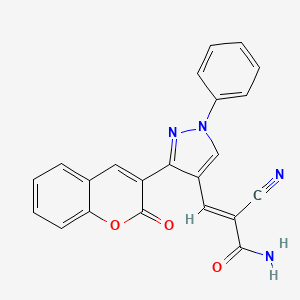 molecular formula C22H14N4O3 B2496427 (E)-2-cyano-3-[3-(2-oxochromen-3-yl)-1-phenylpyrazol-4-yl]prop-2-enamide CAS No. 380221-96-5
