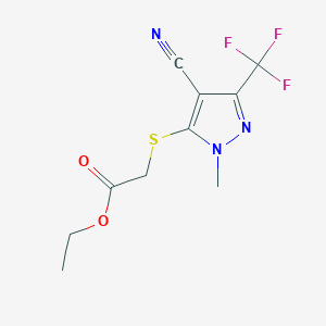 molecular formula C10H10F3N3O2S B2496524 ethyl 2-{[4-cyano-1-methyl-3-(trifluoromethyl)-1H-pyrazol-5-yl]sulfanyl}acetate CAS No. 324009-03-2