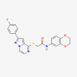 molecular formula C22H17FN4O3S B2496663 N-(2,3-dihydro-1,4-benzodioxin-6-yl)-2-{[2-(4-fluorophenyl)pyrazolo[1,5-a]pyrazin-4-yl]sulfanyl}acetamide CAS No. 1040675-51-1