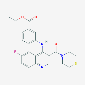 molecular formula C23H22FN3O3S B2496691 Ethyl 3-{[6-fluoro-3-(thiomorpholine-4-carbonyl)quinolin-4-YL]amino}benzoate CAS No. 1358761-18-8