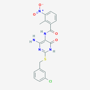 molecular formula C19H16ClN5O4S B2496766 N-(4-amino-2-((3-chlorobenzyl)thio)-6-oxo-1,6-dihydropyrimidin-5-yl)-2-methyl-3-nitrobenzamide CAS No. 888422-93-3