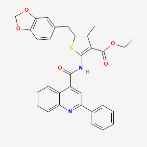 molecular formula C32H26N2O5S B2496834 ethyl 5-[(2H-1,3-benzodioxol-5-yl)methyl]-4-methyl-2-(2-phenylquinoline-4-amido)thiophene-3-carboxylate CAS No. 476366-03-7