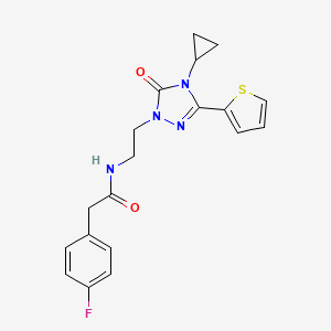 molecular formula C19H19FN4O2S B2496876 N-(2-(4-cyclopropyl-5-oxo-3-(thiophen-2-yl)-4,5-dihydro-1H-1,2,4-triazol-1-yl)ethyl)-2-(4-fluorophenyl)acetamide CAS No. 1448073-52-6