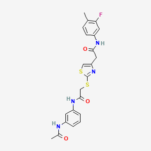 molecular formula C22H21FN4O3S2 B2496947 N-(3-acetamidophenyl)-2-((4-(2-((3-fluoro-4-methylphenyl)amino)-2-oxoethyl)thiazol-2-yl)thio)acetamide CAS No. 953984-75-3
