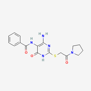 molecular formula C17H19N5O3S B2496969 N-(4-amino-6-oxo-2-((2-oxo-2-(pyrrolidin-1-yl)ethyl)thio)-1,6-dihydropyrimidin-5-yl)benzamide CAS No. 888429-67-2
