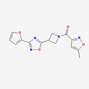 molecular formula C14H12N4O4 B2497075 (3-(3-(Furan-2-yl)-1,2,4-oxadiazol-5-yl)azetidin-1-yl)(5-methylisoxazol-3-yl)methanone CAS No. 1428348-16-6