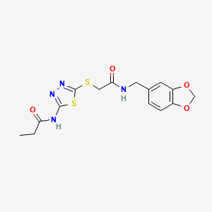 molecular formula C15H16N4O4S2 B2497201 N-{5-[({[(2H-1,3-benzodioxol-5-yl)methyl]carbamoyl}methyl)sulfanyl]-1,3,4-thiadiazol-2-yl}propanamide CAS No. 868974-41-8