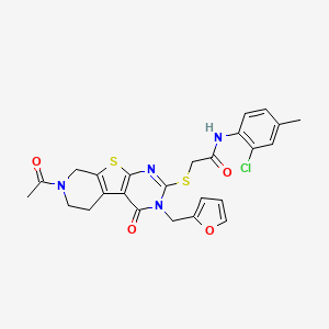 molecular formula C25H23ClN4O4S2 B2497212 2-[[11-acetyl-4-(furan-2-ylmethyl)-3-oxo-8-thia-4,6,11-triazatricyclo[7.4.0.02,7]trideca-1(9),2(7),5-trien-5-yl]sulfanyl]-N-(2-chloro-4-methylphenyl)acetamide CAS No. 1216501-63-1