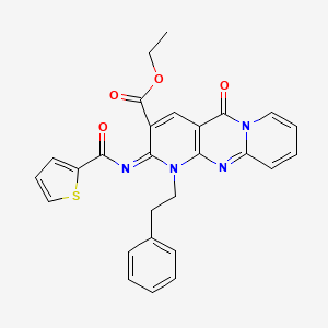 molecular formula C27H22N4O4S B2497218 ethyl 2-oxo-7-(2-phenylethyl)-6-(thiophene-2-carbonylimino)-1,7,9-triazatricyclo[8.4.0.03,8]tetradeca-3(8),4,9,11,13-pentaene-5-carboxylate CAS No. 534585-84-7