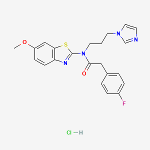 molecular formula C22H22ClFN4O2S B2497325 N-(3-(1H-imidazol-1-yl)propyl)-2-(4-fluorophenyl)-N-(6-methoxybenzo[d]thiazol-2-yl)acetamide hydrochloride CAS No. 1215771-64-4