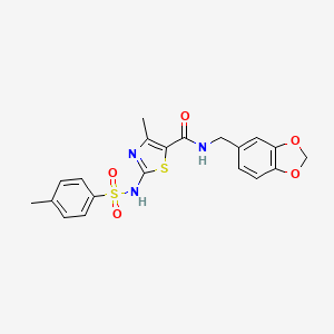 molecular formula C20H19N3O5S2 B2497441 N-(benzo[d][1,3]dioxol-5-ylmethyl)-4-methyl-2-(4-methylphenylsulfonamido)thiazole-5-carboxamide CAS No. 941879-38-5