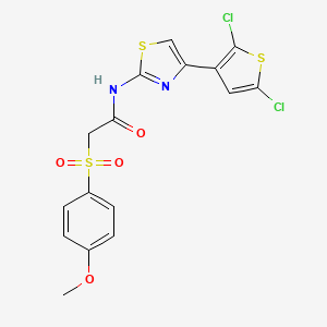 molecular formula C16H12Cl2N2O4S3 B2497459 N-(4-(2,5-dichlorothiophen-3-yl)thiazol-2-yl)-2-((4-methoxyphenyl)sulfonyl)acetamide CAS No. 941988-47-2