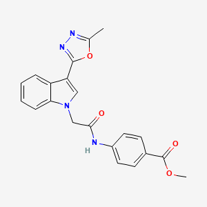 molecular formula C21H18N4O4 B2497474 methyl 4-(2-(3-(5-methyl-1,3,4-oxadiazol-2-yl)-1H-indol-1-yl)acetamido)benzoate CAS No. 1021037-66-0