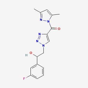 molecular formula C16H16FN5O2 B2497580 2-{4-[(3,5-dimethyl-1H-pyrazol-1-yl)carbonyl]-1H-1,2,3-triazol-1-yl}-1-(3-fluorophenyl)ethanol CAS No. 2109419-14-7