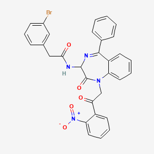 N-(2,5-diaza-2-(2-(2-nitrophenyl)-2-oxoethyl)-3-oxo-6-phenylbicyclo[5.4.0]undeca-1(7),5,8,10-tetraen-4-yl)-2-(3-bromophenyl)ethanamide