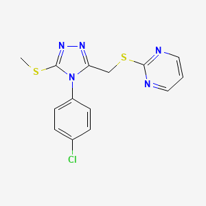 molecular formula C14H12ClN5S2 B2498034 2-(((4-(4-chlorophenyl)-5-(methylthio)-4H-1,2,4-triazol-3-yl)methyl)thio)pyrimidine CAS No. 868221-74-3