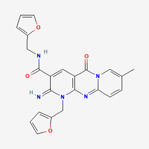 molecular formula C23H19N5O4 B2498087 N,7-bis(furan-2-ylmethyl)-6-imino-13-methyl-2-oxo-1,7,9-triazatricyclo[8.4.0.03,8]tetradeca-3(8),4,9,11,13-pentaene-5-carboxamide CAS No. 510760-74-4