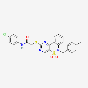 molecular formula C26H21ClN4O3S2 B2498129 N-(4-chlorophenyl)-2-({9-[(4-methylphenyl)methyl]-8,8-dioxo-8lambda6-thia-3,5,9-triazatricyclo[8.4.0.0^{2,7}]tetradeca-1(14),2(7),3,5,10,12-hexaen-4-yl}sulfanyl)acetamide CAS No. 1115570-29-0