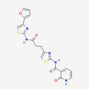 molecular formula C19H15N5O4S2 B2498196 N-(4-(3-((4-(furan-2-yl)thiazol-2-yl)amino)-3-oxopropyl)thiazol-2-yl)-2-oxo-1,2-dihydropyridine-3-carboxamide CAS No. 1207057-80-4