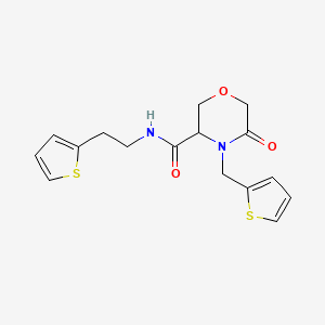 molecular formula C16H18N2O3S2 B2498296 5-oxo-N-(2-(thiophen-2-yl)ethyl)-4-(thiophen-2-ylmethyl)morpholine-3-carboxamide CAS No. 1421444-13-4