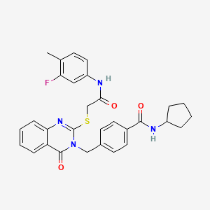 molecular formula C30H29FN4O3S B2498426 N-cyclopentyl-4-((2-((2-((3-fluoro-4-methylphenyl)amino)-2-oxoethyl)thio)-4-oxoquinazolin-3(4H)-yl)methyl)benzamide CAS No. 1115433-88-9
