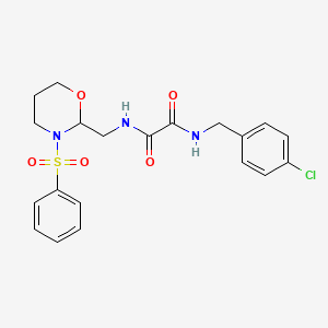 molecular formula C20H22ClN3O5S B2498844 N-{[3-(benzenesulfonyl)-1,3-oxazinan-2-yl]methyl}-N'-[(4-chlorophenyl)methyl]ethanediamide CAS No. 872880-98-3