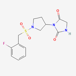 molecular formula C14H16FN3O4S B2498864 3-(1-((2-Fluorobenzyl)sulfonyl)pyrrolidin-3-yl)imidazolidine-2,4-dione CAS No. 2097899-82-4