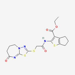 molecular formula C18H20N4O4S3 B2498873 ETHYL 2-[2-({8-OXO-5H,6H,7H,8H-[1,3,4]THIADIAZOLO[3,2-A][1,3]DIAZEPIN-2-YL}SULFANYL)ACETAMIDO]-4H,5H,6H-CYCLOPENTA[B]THIOPHENE-3-CARBOXYLATE CAS No. 450346-74-4