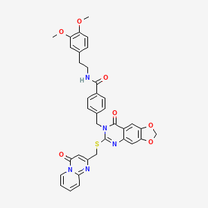 molecular formula C36H31N5O7S B2498925 N-(3,4-dimethoxyphenethyl)-4-((8-oxo-6-(((4-oxo-4H-pyrido[1,2-a]pyrimidin-2-yl)methyl)thio)-[1,3]dioxolo[4,5-g]quinazolin-7(8H)-yl)methyl)benzamide CAS No. 688062-25-1