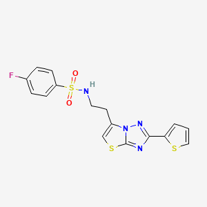 molecular formula C16H13FN4O2S3 B2498934 4-fluoro-N-{2-[2-(thiophen-2-yl)-[1,2,4]triazolo[3,2-b][1,3]thiazol-6-yl]ethyl}benzene-1-sulfonamide CAS No. 946273-85-4