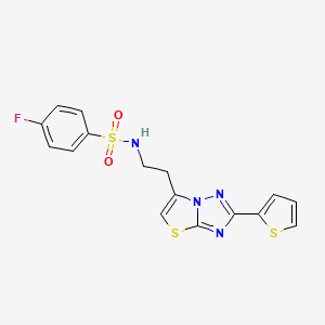 molecular formula C16H13FN4O2S3 B2498934 4-fluoro-N-(2-(2-(thiophen-2-yl)thiazolo[3,2-b][1,2,4]triazol-6-yl)ethyl)benzenesulfonamide CAS No. 946273-85-4