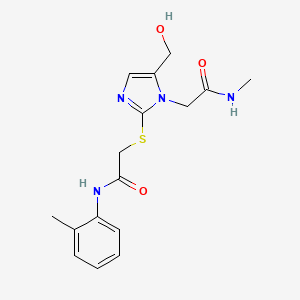 molecular formula C16H20N4O3S B2499022 2-{[5-(hydroxymethyl)-1-[(methylcarbamoyl)methyl]-1H-imidazol-2-yl]sulfanyl}-N-(2-methylphenyl)acetamide CAS No. 923164-27-6